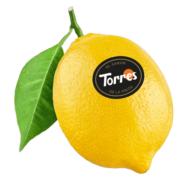 Limón fresco con hoja y etiqueta Frutas Torres "El sabor de la fruta"