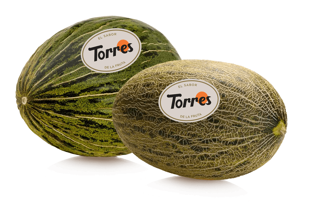 Melones frescos premium Frutas Torres con etiqueta "El sabor de la fruta"